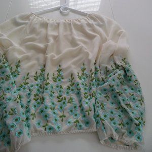 FREE PEOPLE off shoulder blouse cream green blue embroidery bell sleeves…